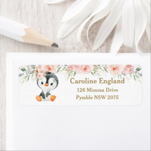 Niedliches Pinguin Blush Floral Return Address Lab