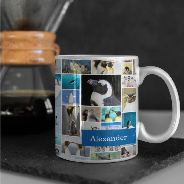 Niedliches Pinguin-Foto-Collage-Muster mit Vorname Kaffeetasse (Von Creator hochgeladen)