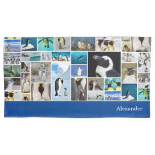 Niedliches Pinguin-Foto-Collage-Muster mit Vorname Kissenbezug