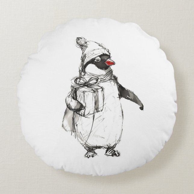 Niedliches Pinguin-Holding-Geschenk Rundes Kissen (Vorderseite)
