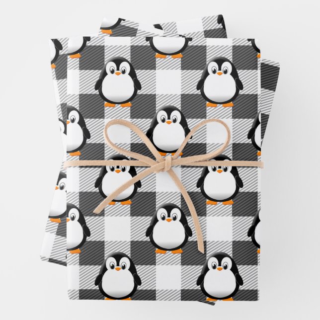 Niedliches Pinguin Kariertes Muster in Schwarz-wei Geschenkpapier Set (Beispiel)