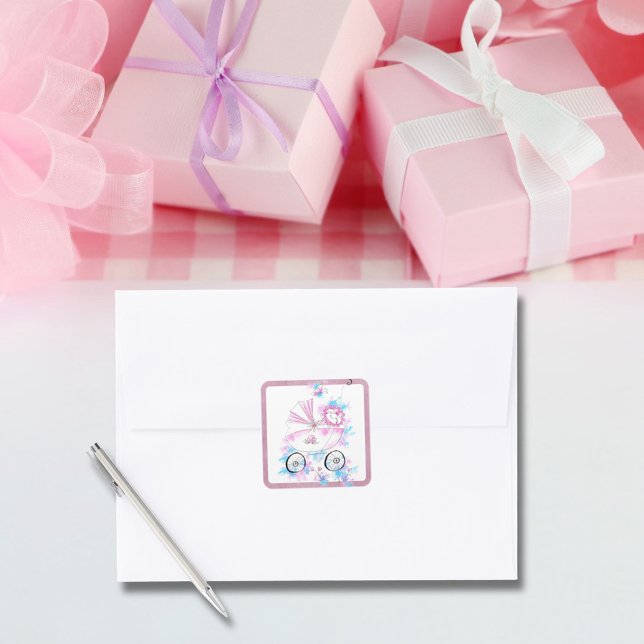 Niedliches Pink Aqua Baby in Pram Wasserfarbeninie Quadratischer Aufkleber (Von Creator hochgeladen)