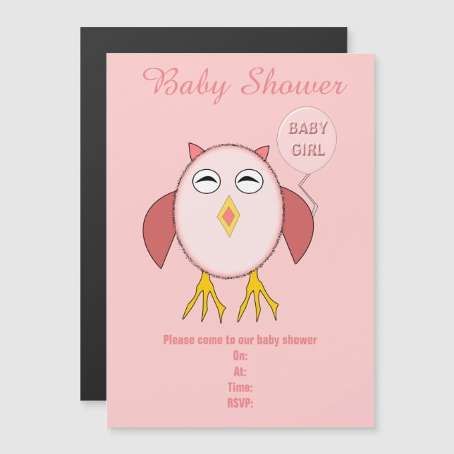 Niedliches Pink Baby Girl Owl Custom Baby Dusche Magneteinladung (Vorne/Hinten)