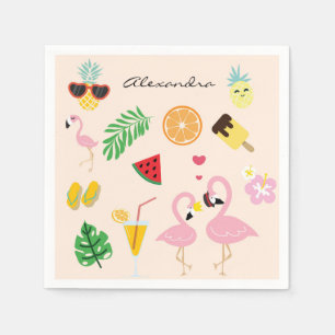 Niedliches Pink Flamingo Paar mit tropischem Somme Serviette