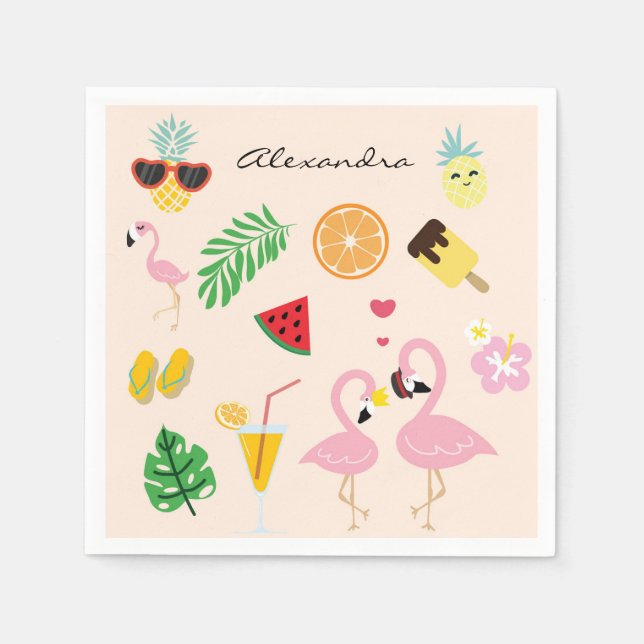 Niedliches Pink Flamingo Paar mit tropischem Somme Serviette (Vorderseite)