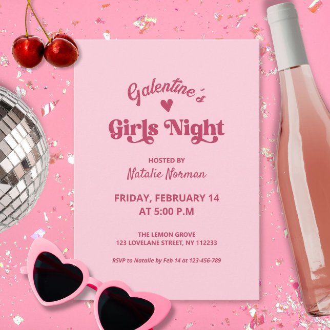 Niedliches Pink Galentine's Girls Night Party Einladung (galentines day girls night out pink girly retro invitation )