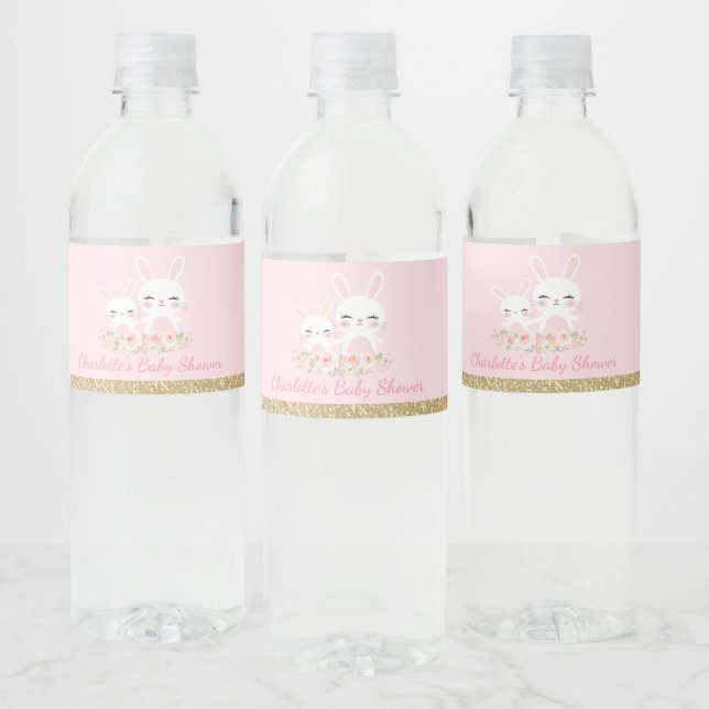 Niedliches Pink Gold Bunny Baby Dusche Kaninchen P Wasserflaschenetikett (Flaschen)