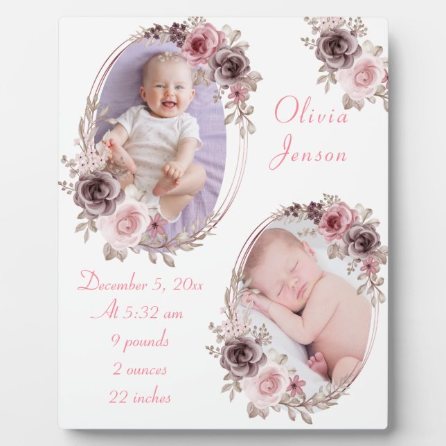 Niedliches Pink Gold Floral Watercolor Kindermädch Fotoplatte (Vorderseite)