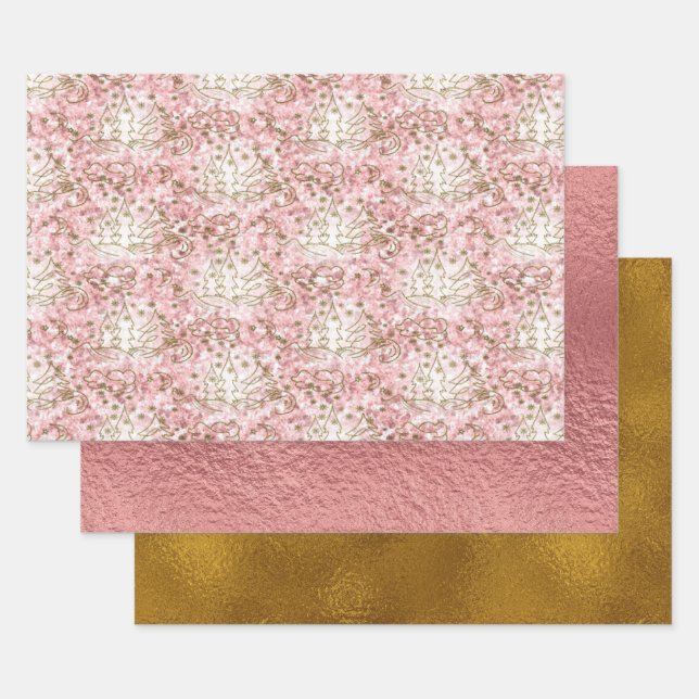 Niedliches Pink/Gold Weihnachtsmuster Geschenkpapier Set (Set)