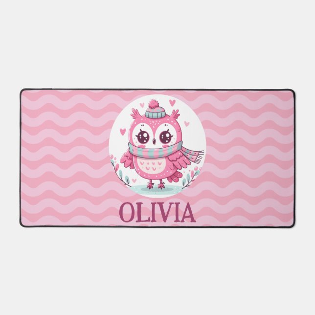 Niedliches Pink Owl Tragend Scarf und Hood Schreibtischunterlage (Vorderseite)