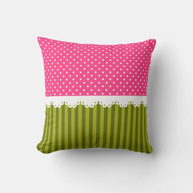 Niedliches Pink Polka Dot Green Stripes-Muster Kissen (Vorderseite)
