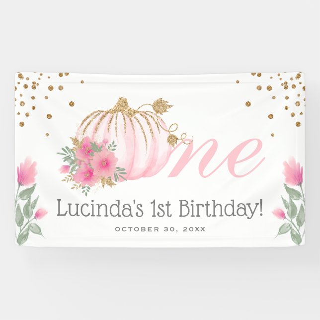 Niedliches Pink Pumpkin Floral & Gold 1. Geburtsta Banner (Horizontal)