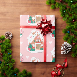 Niedliches Pink Snowy Gingerbrot House Geschenkpapier