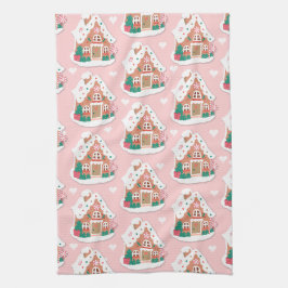 Niedliches Pink Snowy Gingerbrot House Geschirrtuch