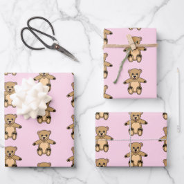 Niedliches Pink Teddy Bär Girl Pattern Geschenkpapier Set