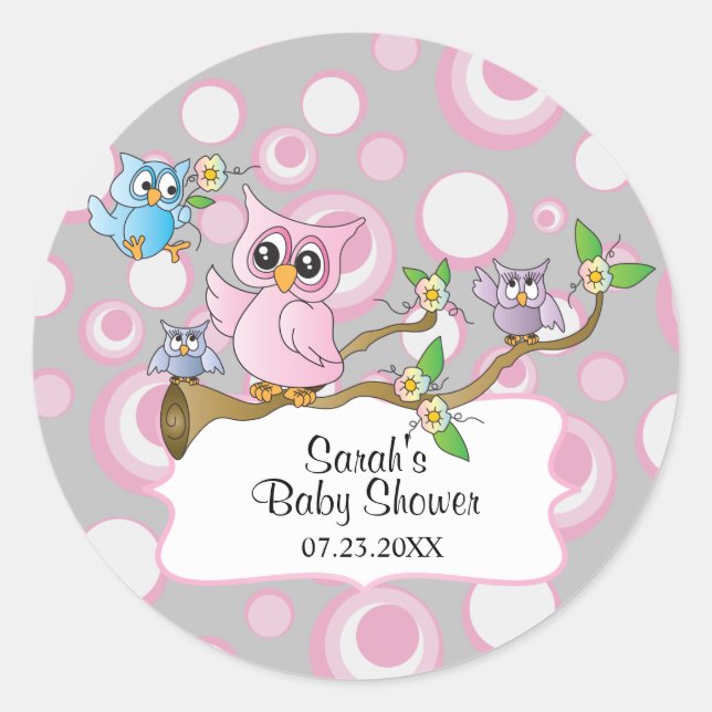 Niedliches Pink und Graues Owl Baby Runder Aufkleber (Vorderseite)