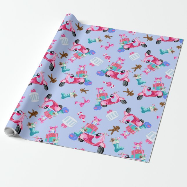 Niedliches Pink Vintage Weihnachts Scooter Wrappin Geschenkpapier (Ungerollt)