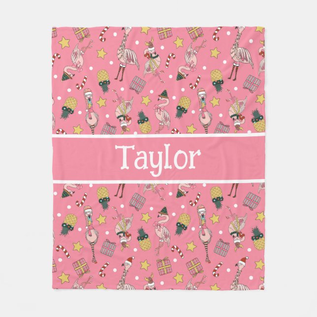 Niedliches Pink Weihnachts Flamingo und Ananas Mus Fleecedecke (Vorderseite)