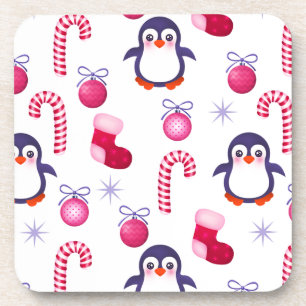Niedliches Pink & White Weihnachtsmuster mit Pingu Getränkeuntersetzer