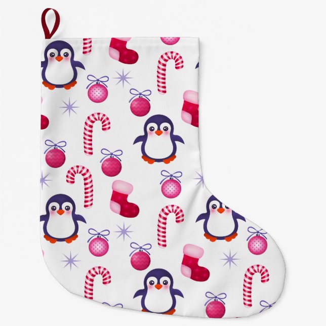 Niedliches Pink & White Weihnachtsmuster mit Pingu Großer Weihnachtsstrumpf (Vorderseite)