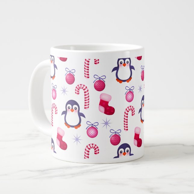 Niedliches Pink & White Weihnachtsmuster mit Pingu Jumbo-Tasse (Vorderseite Links)