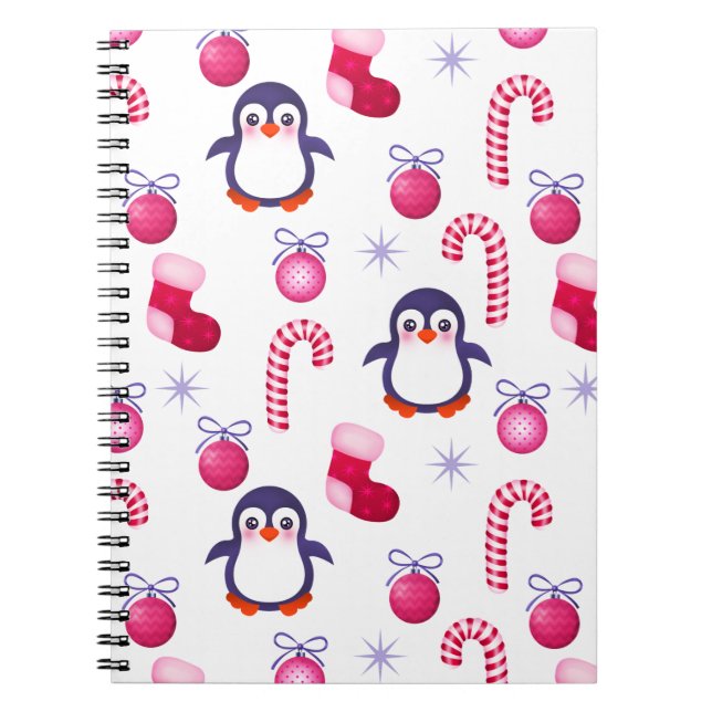 Niedliches Pink & White Weihnachtsmuster mit Pingu Notizblock (Vorderseite)