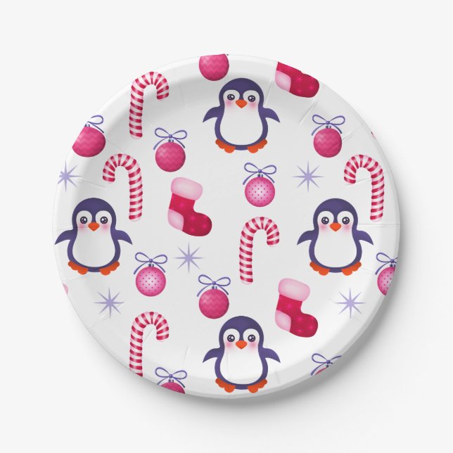 Niedliches Pink & White Weihnachtsmuster mit Pingu Pappteller (Vorderseite)