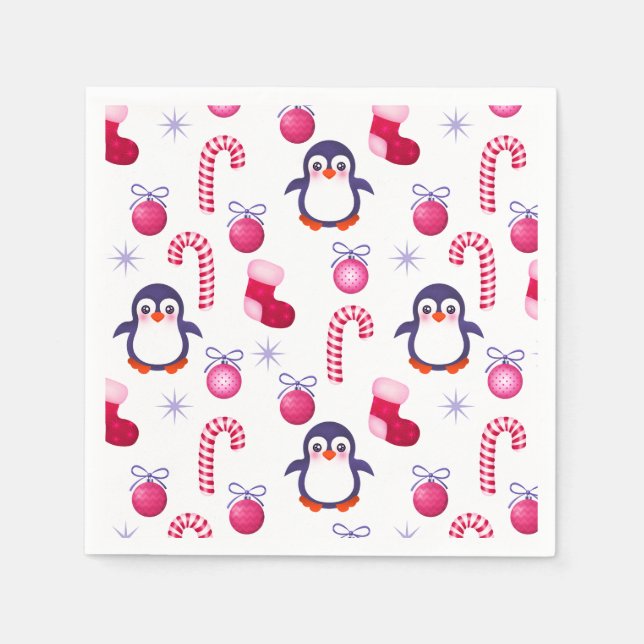 Niedliches Pink & White Weihnachtsmuster mit Pingu Serviette (Vorderseite)