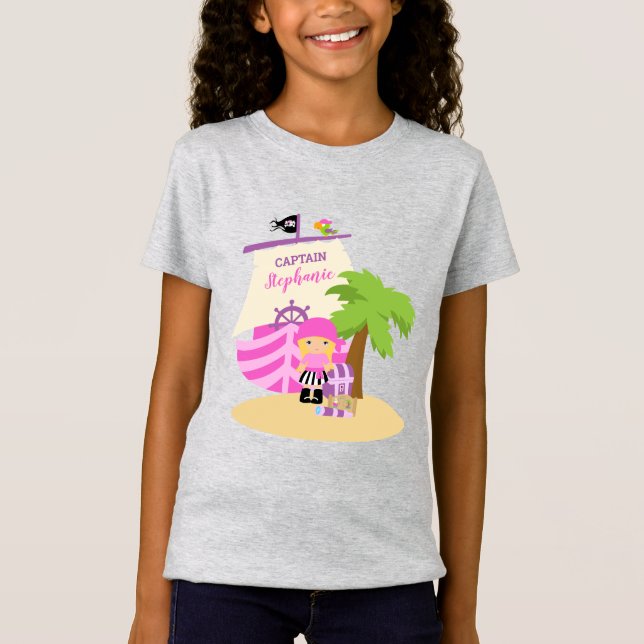 Niedliches Pirate Blonde Girl & A Big Ship Individ T-Shirt (Vorderseite)