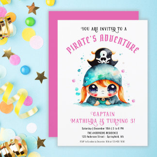 Niedliches Piratenmädchen Pink Geburtstagsparty Einladung