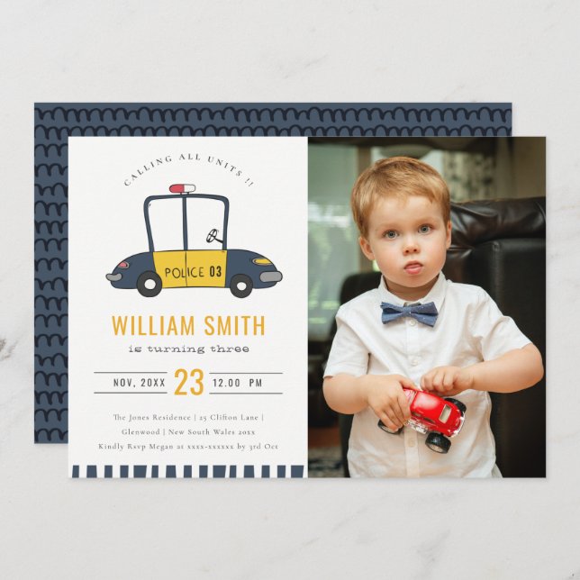 Niedliches Polizeiauto Kinder Foto jedes Alters Ge Dankeskarte (Vorne/Hinten)