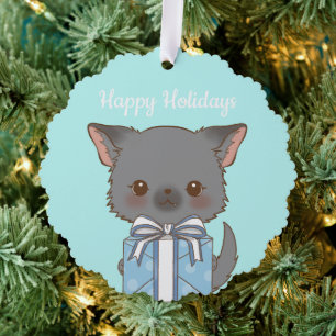 Niedliches Pomchi mit einem Aqua Happy Holiday Ornament Karte