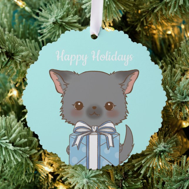 Niedliches Pomchi mit einem Aqua Happy Holiday Ornament Karte (Insitu (Baum))