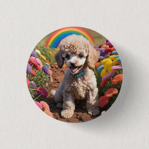 Niedliches Poodle Farbenfrohe Blume und Regenbogen Button