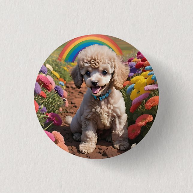 Niedliches Poodle Farbenfrohe Blume und Regenbogen Button (Vorderseite)