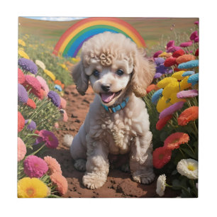 Niedliches Poodle Farbenfrohe Blume und Regenbogen Fliese