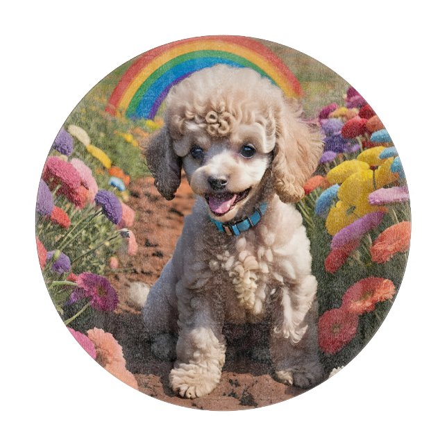 Niedliches Poodle Farbenfrohe Blume und Regenbogen Schneidebrett (Vorderseite)