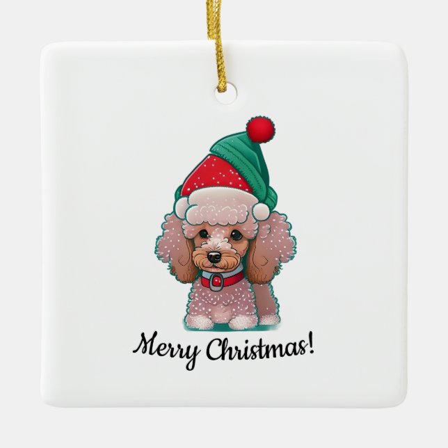 Niedliches Poodle mit Weihnachtshut Keramikornament (Vorderseite)