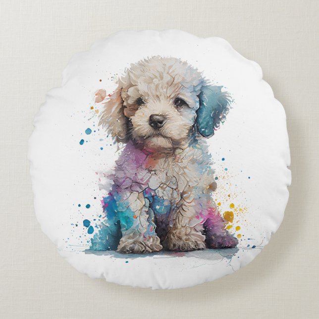 Niedliches Poodle Welpe Wasserfarbe Kunst Rundes Kissen (Vorderseite)