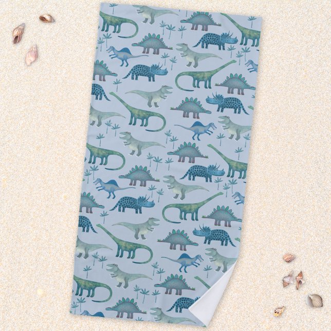 Niedliches prähistorisches Blaues Dinosaurier-Must Strandtuch (Fun prehistoric dinosaur pattern beach towel for paleontologists of all ages)