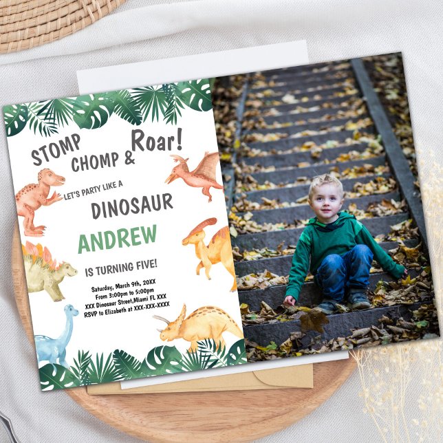 Niedliches prähistorisches Party für Kinder Einladung (Green Dinosaur Birthday Invitations with photo)
