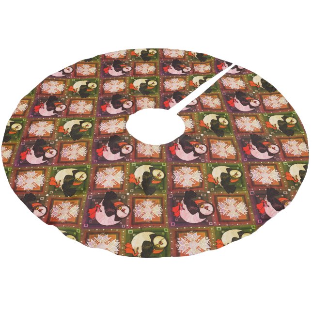 Niedliches Puffin Birds Wintermuster Polyester Weihnachtsbaumdecke (Schrägansicht)