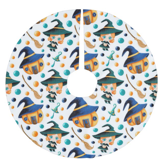 Niedliches Pumpkin Hexenhaus Polyester Weihnachtsbaumdecke (Vorderseite)