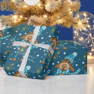 Niedliches Pup Muster blaues Urlaubspapier Geschenkpapier