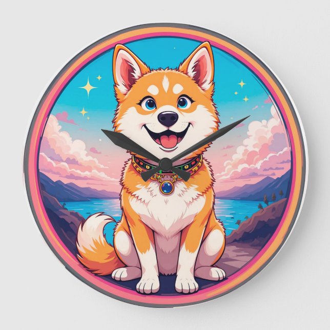 Niedliches Puppy-Cartoon-Design Große Wanduhr (Vorderseite)