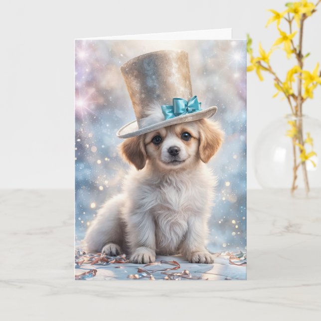 Niedliches Puppy Sweet Face im Neujahr mit Top Hat Karte (Gelbe Blume)