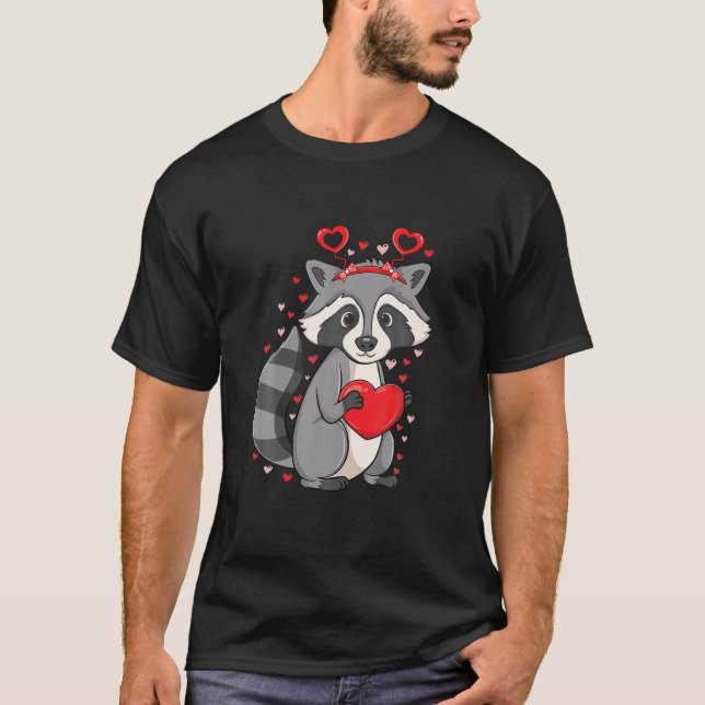 Niedliches Raccoon Holding Herz Liebe Muster Valen T-Shirt (Vorderseite)