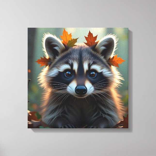 Niedliches Raccoon in Herbstlauben Leinwanddruck (Vorderseite)