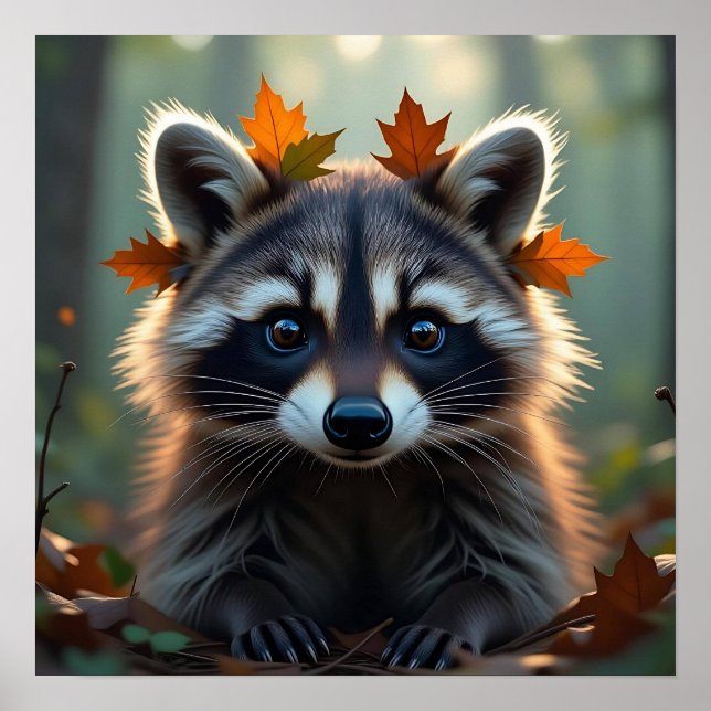 Niedliches Raccoon in Herbstlauben Poster (Vorne)