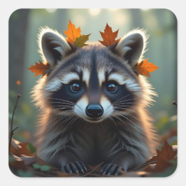 Niedliches Raccoon in Herbstlauben Quadratischer Aufkleber